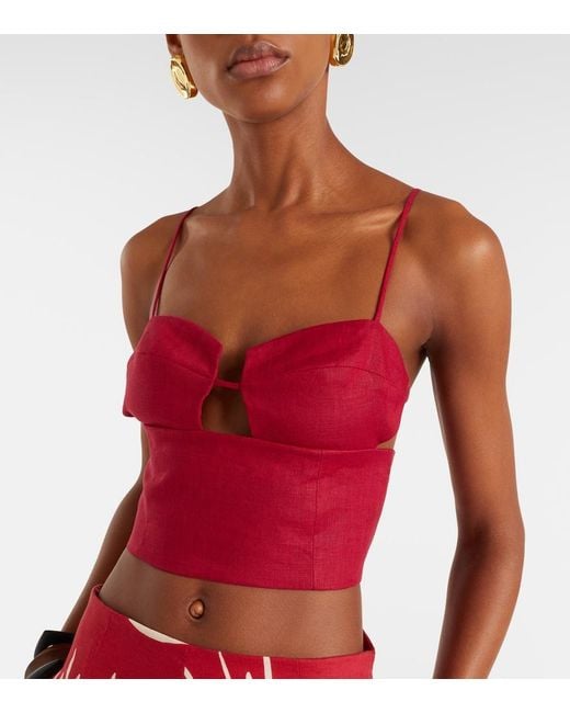 Cala De La Cruz Red Imperia Cutout Linen Crop Top