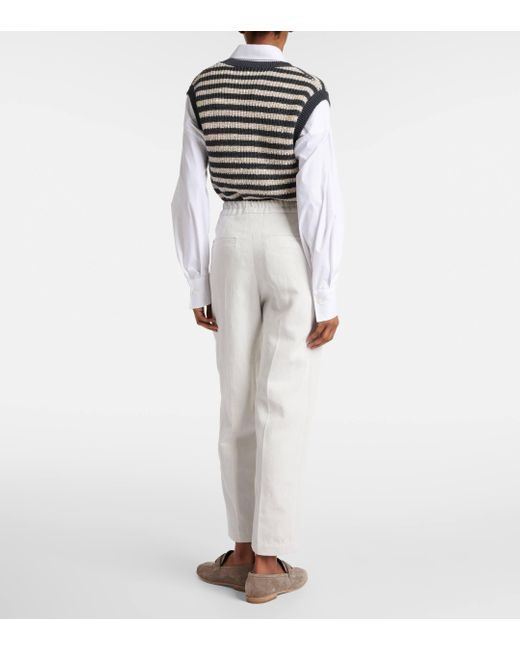 Brunello Cucinelli White Cotton And Linen Gabardine Straight Pants