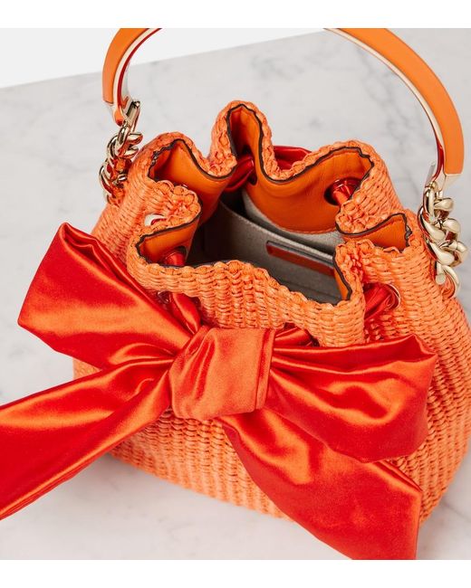 Jimmy Choo Orange Bon Bon Bow-Detail Raffia Bucket Bag
