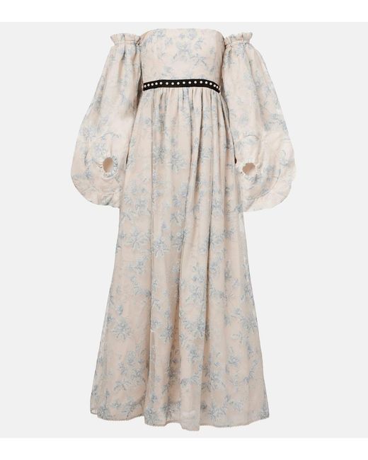 Agua Bendita Blue Alheli Balloon-Sleeve Floral Maxi Dress
