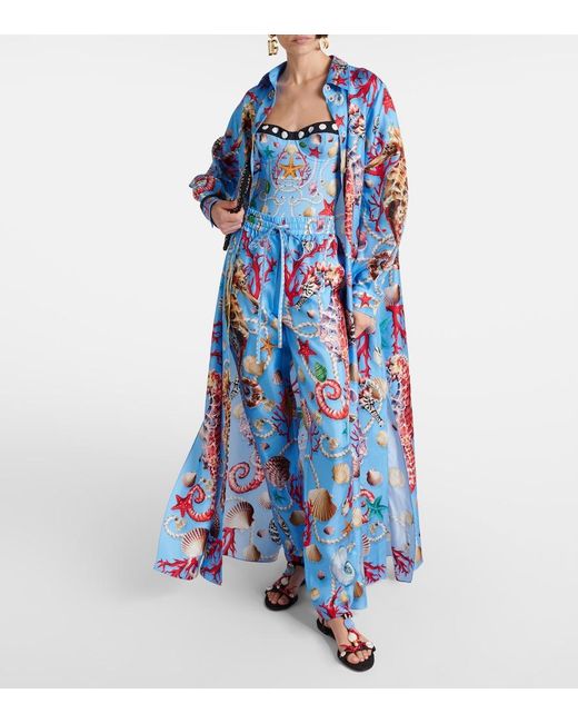 Dolce & Gabbana Blue Bedruckte Gerade Hose Capri Aus Seide