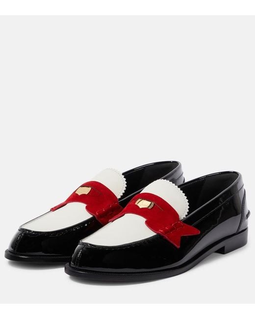 Christian Louboutin Red Penny Suede-Trimmed Patent Leather Penny Loafers