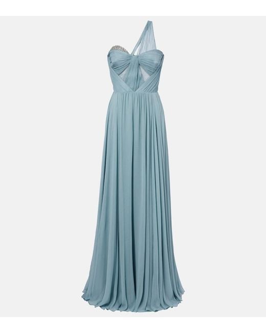The New Arrivals Ilkyaz Ozel Blue Sahra Embellished Draped Silk Gown