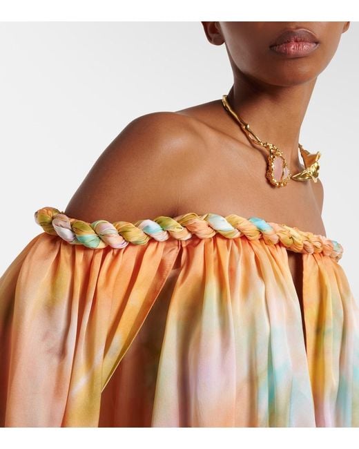 Zimmermann Metallic Luna Off-Shoulder Printed Silk Chiffon Gown