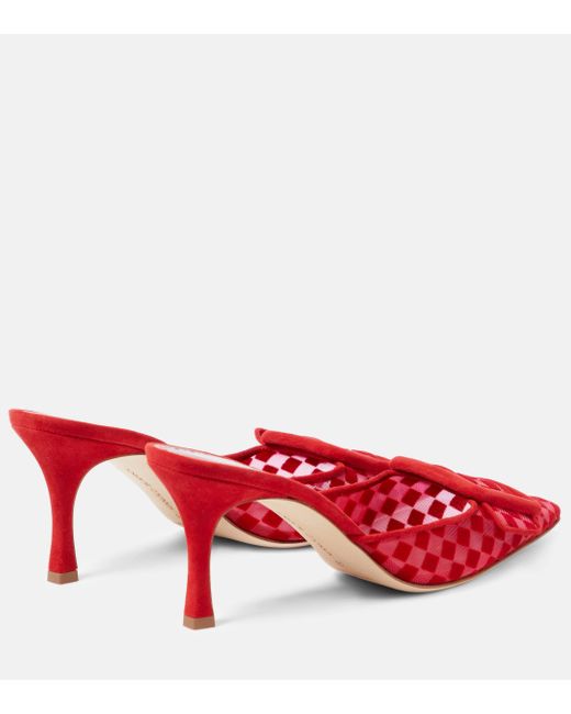 Manolo Blahnik Red Maysalebi 70 Buckled Checked Suede And Mesh Mules