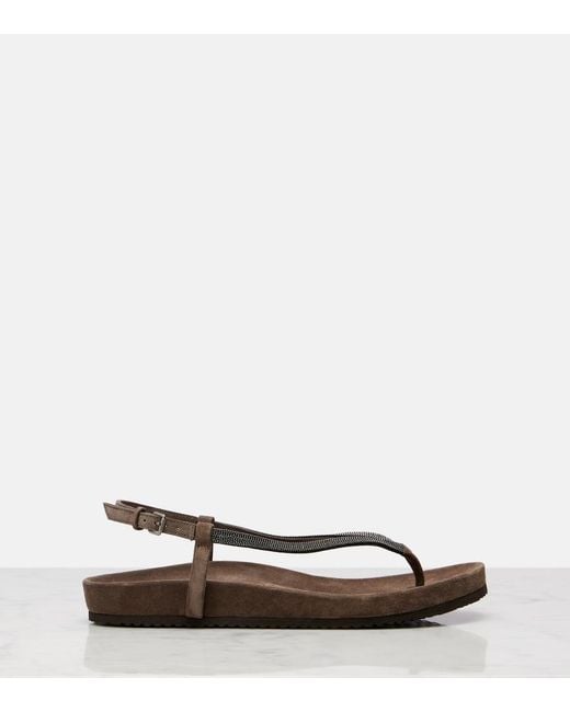 Brunello Cucinelli Brown Monili Suede Thong Sandals