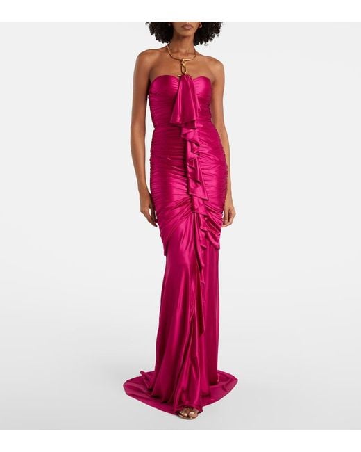 Balmain Red Draped Ruffled Satin Bustier Gown