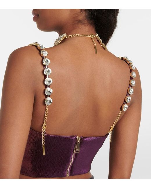 Area Purple Embellished Cotton-Blend Cropped Top
