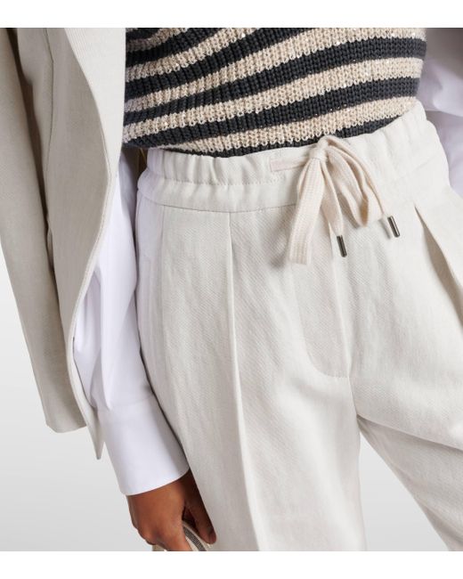 Pantalon droit en coton et lin Brunello Cucinelli en coloris White