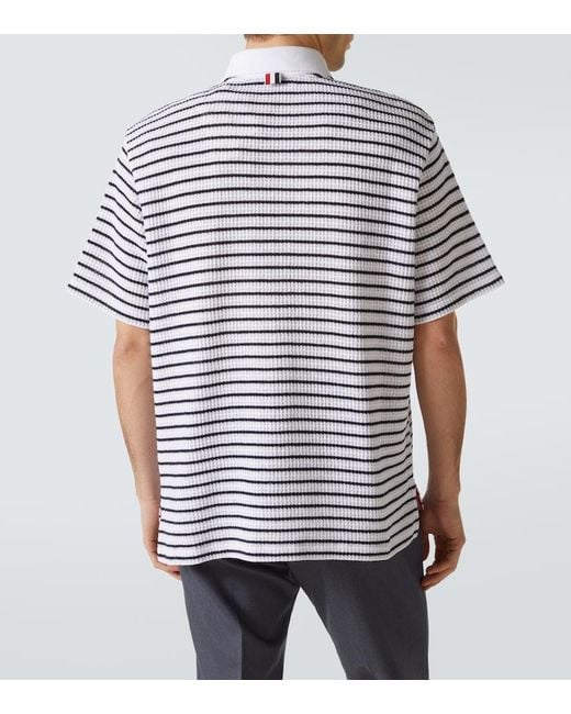 Thom Browne Blue Striped Waffle-Knit Cotton Polo Shirt for men