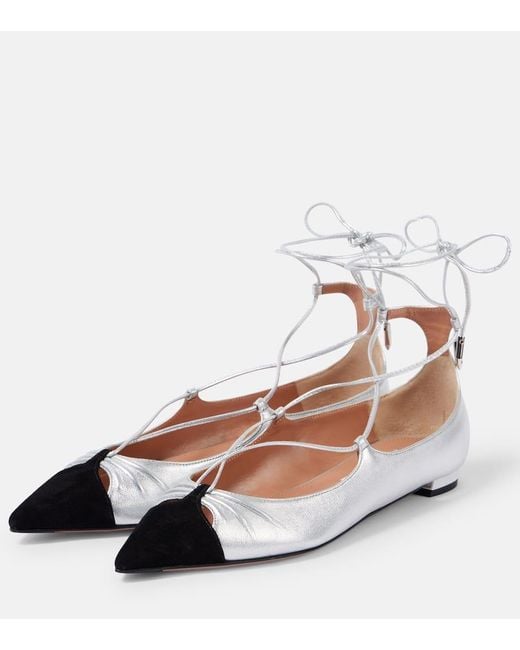 Aquazzura Gabi Suede-Trimmed Metallic Leather Flats