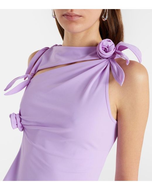 Coperni Purple Floral-Applique Gathered Jersey Top