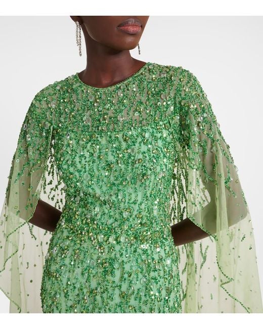 Jenny Packham Green Delphine Cape-effect Embellished Tulle Gown