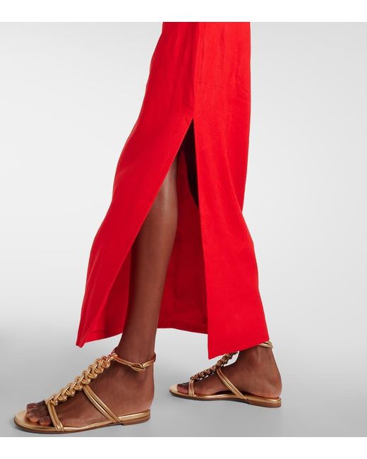 Sir Red Primrose Ruched Linen Maxi Dress