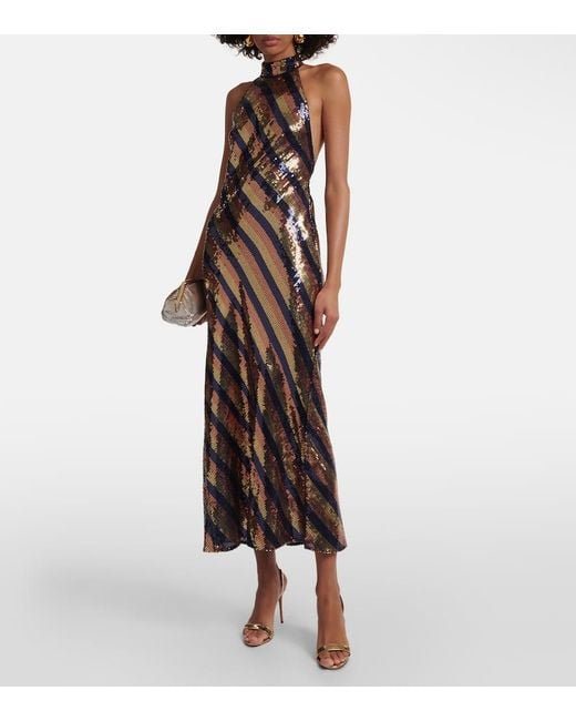 Rixo Multicolor Sequined Halterneck Open-Back Gown