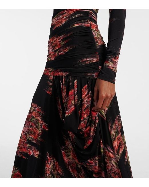 Ganni Red Floral Ruched Jersey Maxi Dress