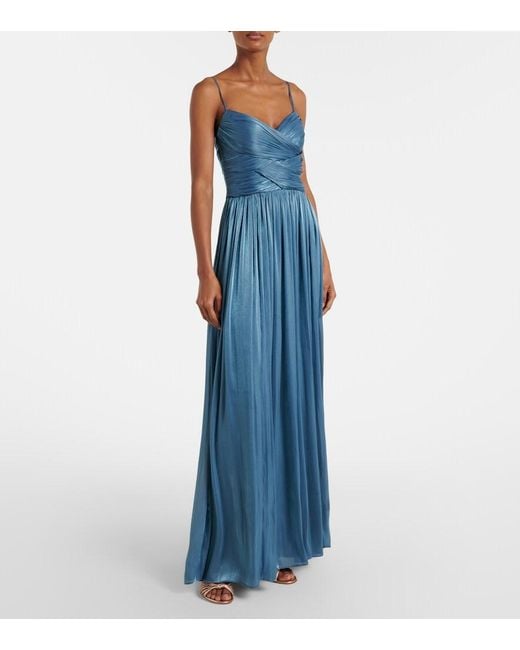 Costarellos Blue Embellished Pleated Caped Bustier Gown