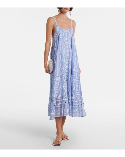 Juliet Dunn Blue Printed Sequined Cotton Midi Dress