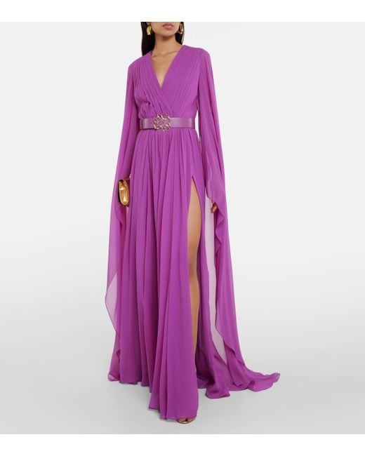 Elie Saab Purple Pleated Silk Chiffon Gown