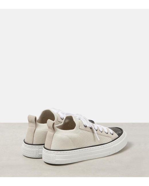 Brunello Cucinelli Natural Sneakers Aus Stretch-Strick Mit Velourslederbesätzen Und Zierperlen