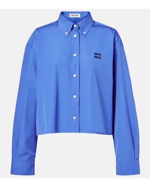 Camisa De Popelin De Algodon Cropped Miu Miu de color Blue
