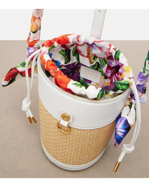 Dolce & Gabbana White Leather-Trimmed Raffia Bucket Bag