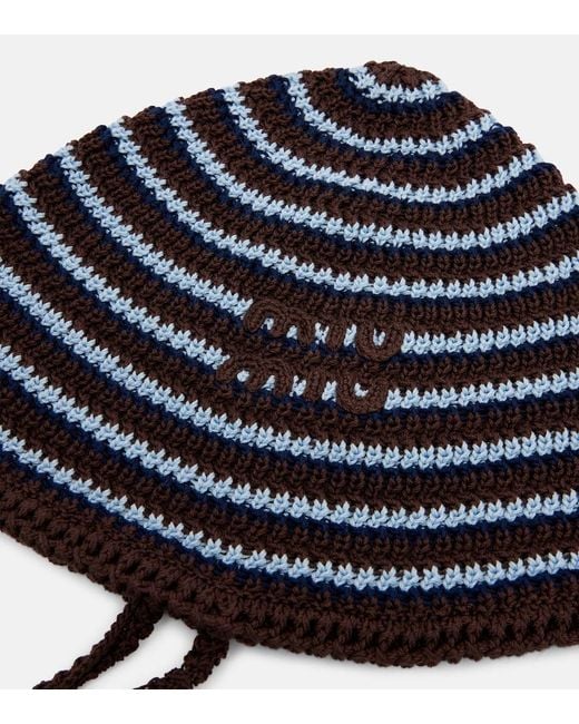 Miu Miu Blue Knitted Striped Cotton Hat