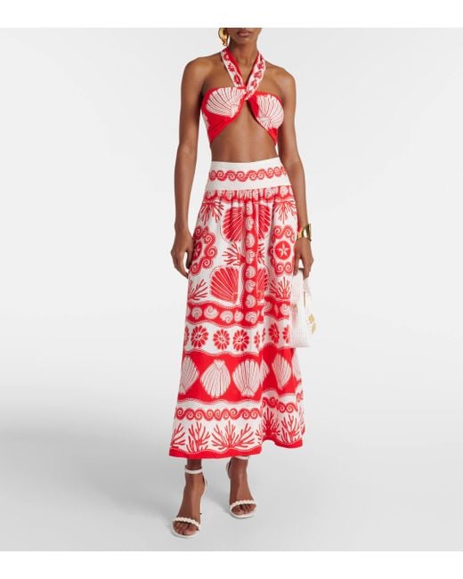Farm Rio Red Ainika Shell Linen-blend Maxi Skirt