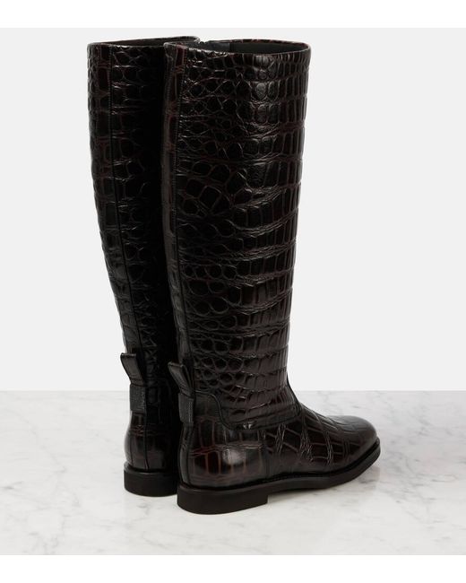 Brunello Cucinelli Black Croc-Effect Leather Knee-High Boots