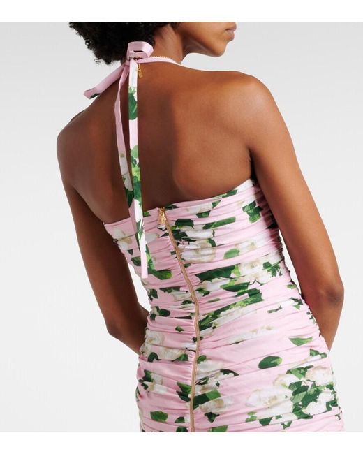 Carolina Herrera White Floral Ruched Cotton-Blend Midi Dress