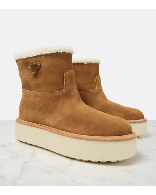 Prada Brown Ankle Boots Aus Veloursleder Mit Shearling