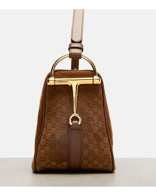 Gucci Brown Half Horsebit Medium Suede Shoulder Bag