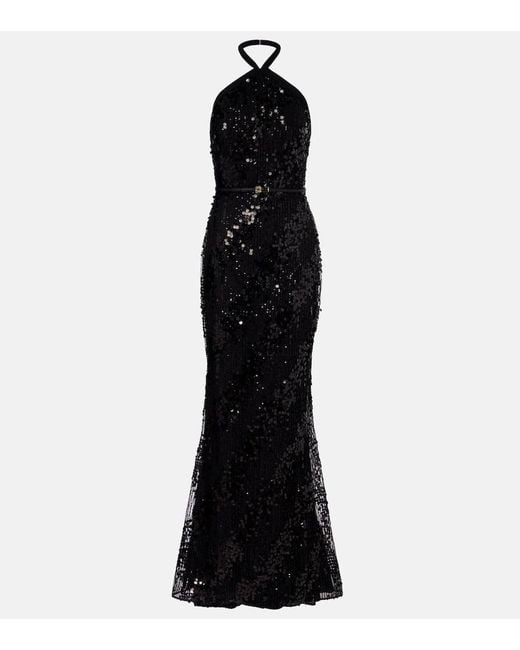 Elie Saab Black Sequined Halterneck Silk-Blend Gown