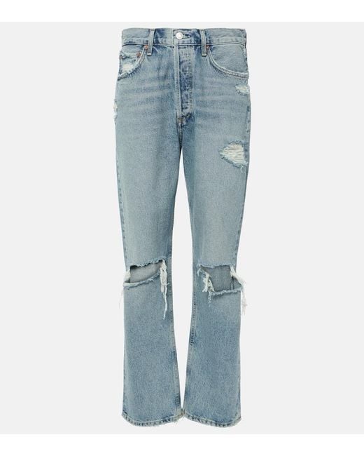 Agolde Blue Distressed Mid-Rise Straight Jeans 90s