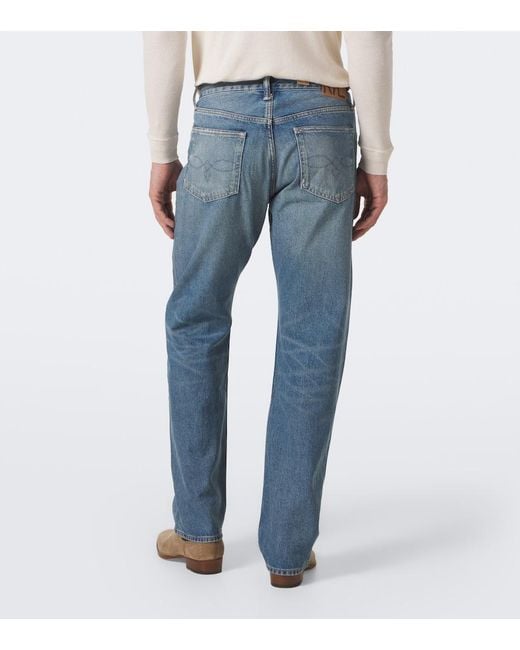 RRL Blue Distressed Straight Jeans for men