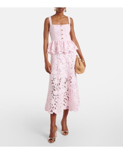 Self-Portrait Pink Peplum Lace Midi Dress