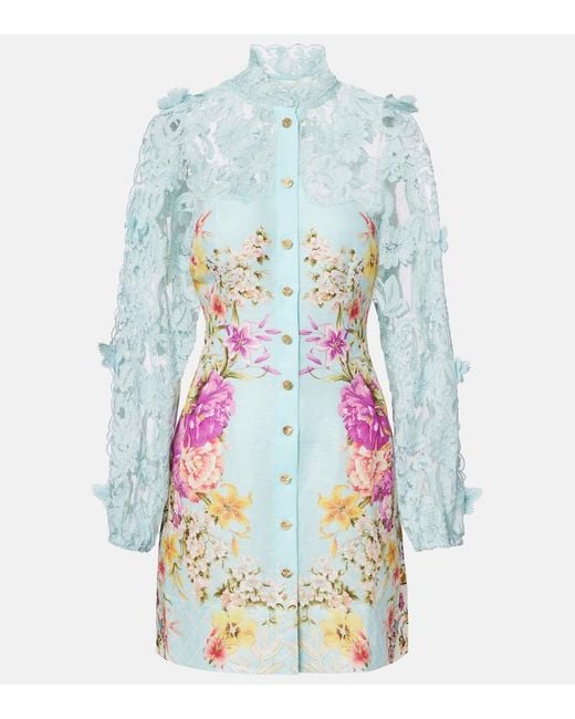 Camilla Blue Embellished Lace-Trimmed Linen And Silk Minidress