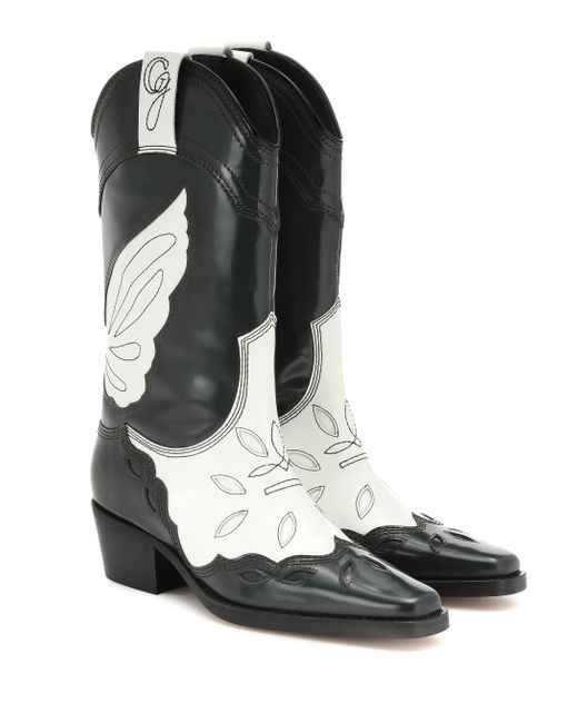 Ganni High Texas Boots In Black And White Patent Calfskin