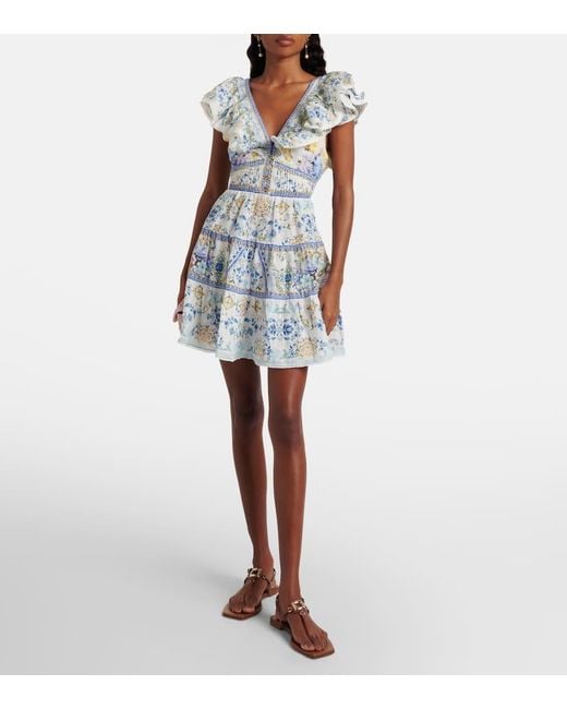 Camilla Blue Embellished Floral Linen Minidress