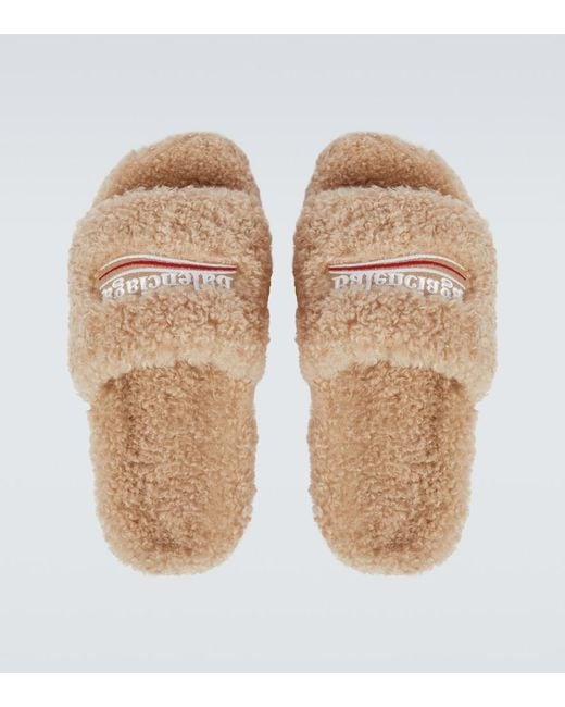 Balenciaga Multicolor Faux-shearling Embroidered Logo Slides for men