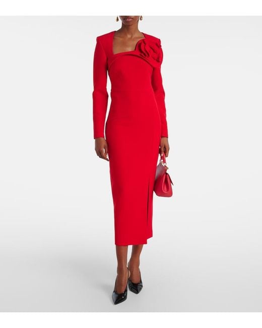 Roland Mouret Red Floral-Applique Crepe Midi Dress