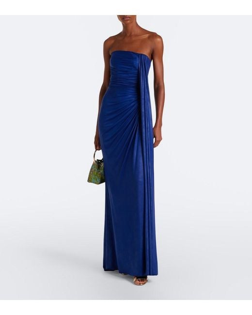 Elie Saab Blue Draped Coated Jersey Bustier Gown