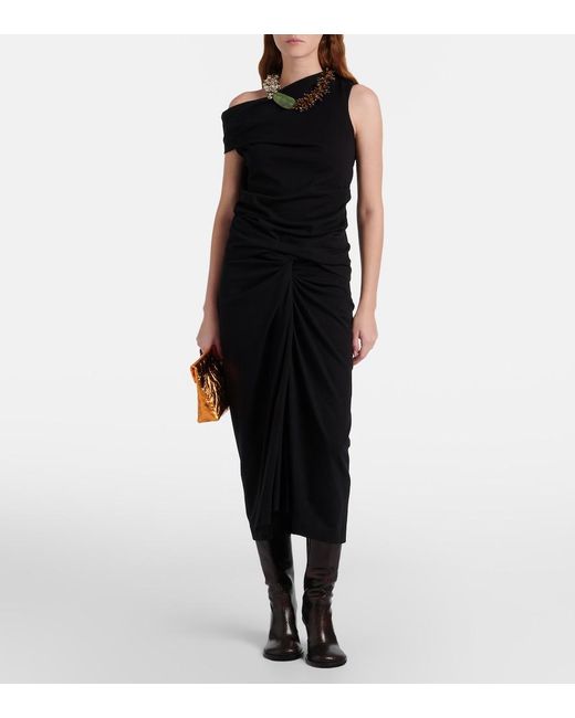 Dries Van Noten Black Gathered Cotton Midi Skirt