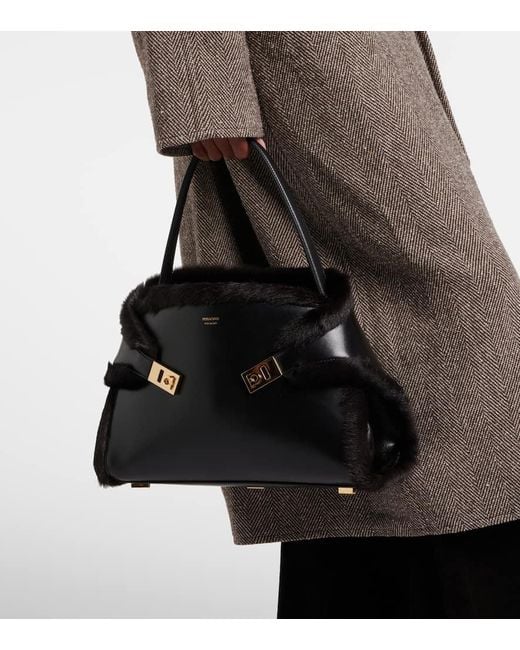 Ferragamo Black Hugh Medium Shearling-Trimmed Leather Shoulder Bag
