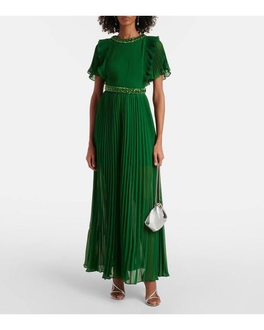 Self-Portrait Green Crystal-Embellished Ruffled Gown