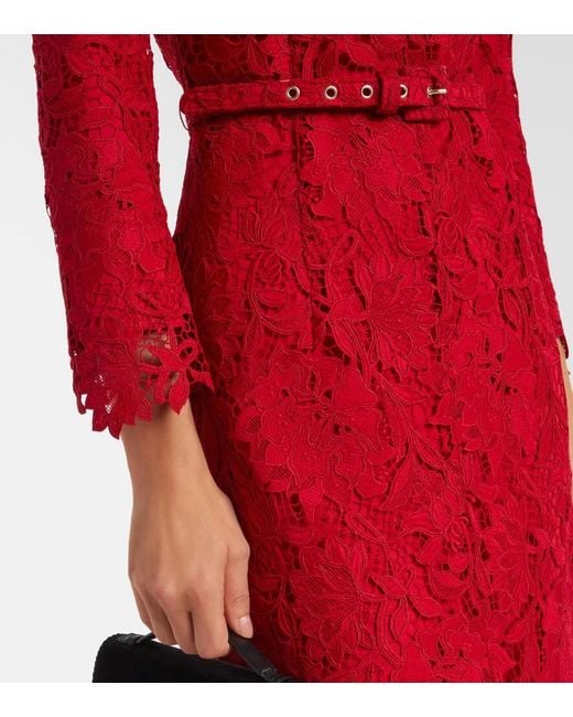 Vestido Midi De Encaje Con Cinturon Monique Lhuillier de color Red