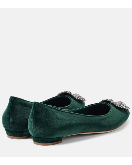 Manolo Blahnik Green Hangisi Embellished Velvet Ballet Flats