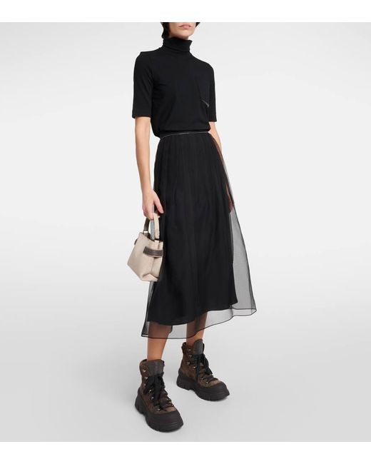 Brunello Cucinelli Black Embellished Pleated Silk Midi Skirt