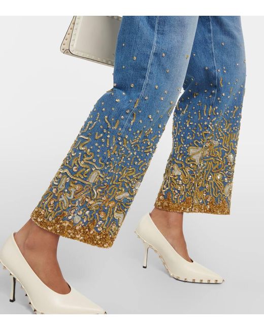 Jeans a gamba larga con perline di Valentino in Blue