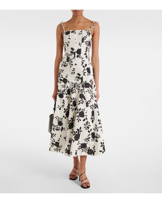 Self-Portrait White Floral Linen And Cotton Midi Dress